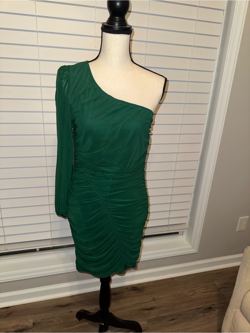 Amazon One-Shoulder Emerald Green Ruched Cocktail Dress with Long Sleeve